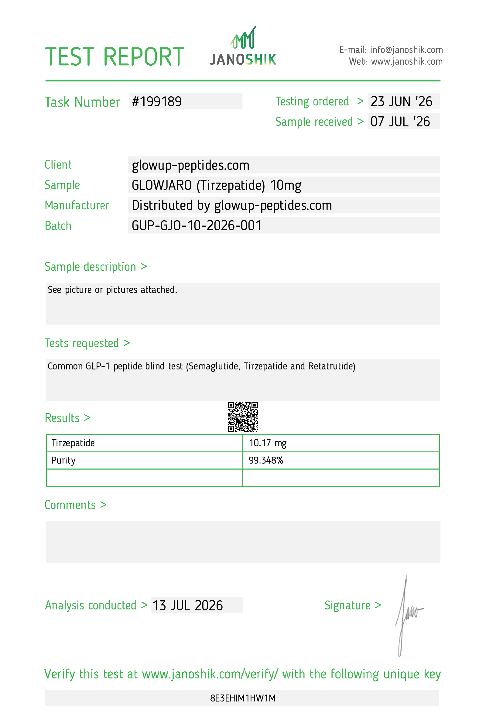 Janoshik lab report — GLOWJARO (Tirzepatide) 10 mg, batch GUP-GJO-10-2026-001