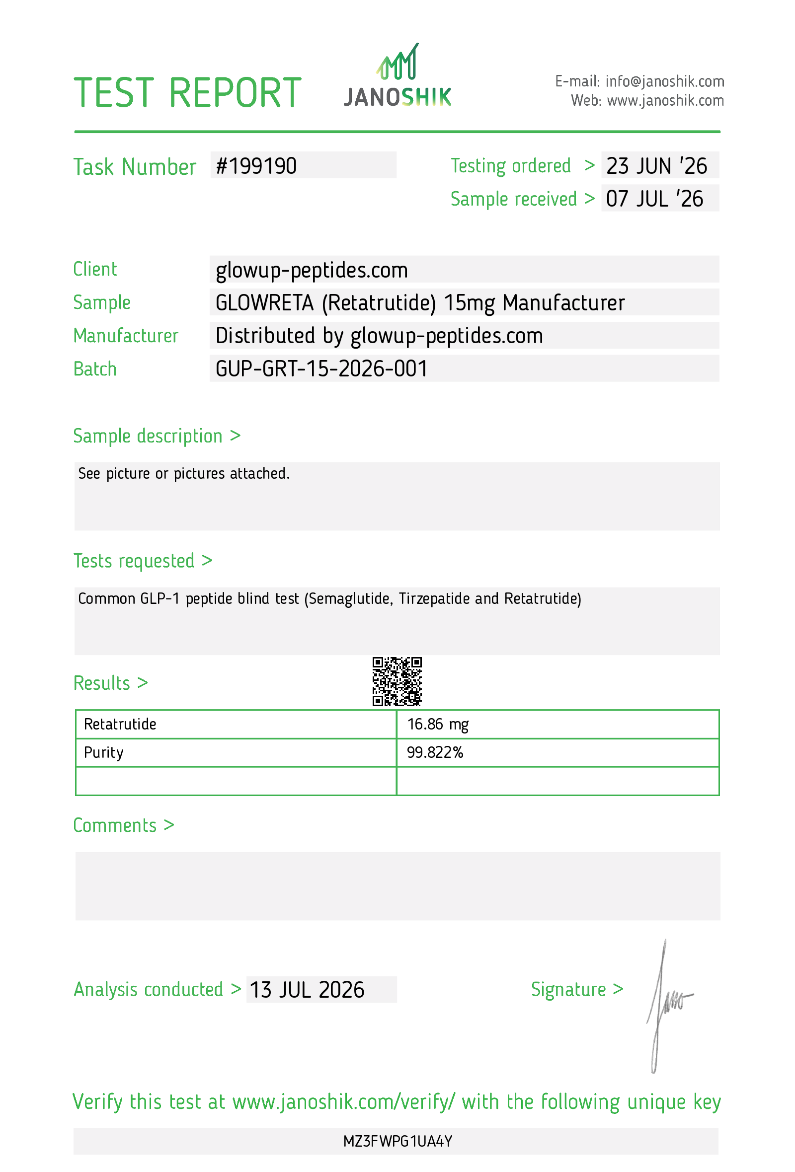 Janoshik lab report — GLOWRETA (Retatrutide) 15 mg, batch GUP-GRT-15-2026-001