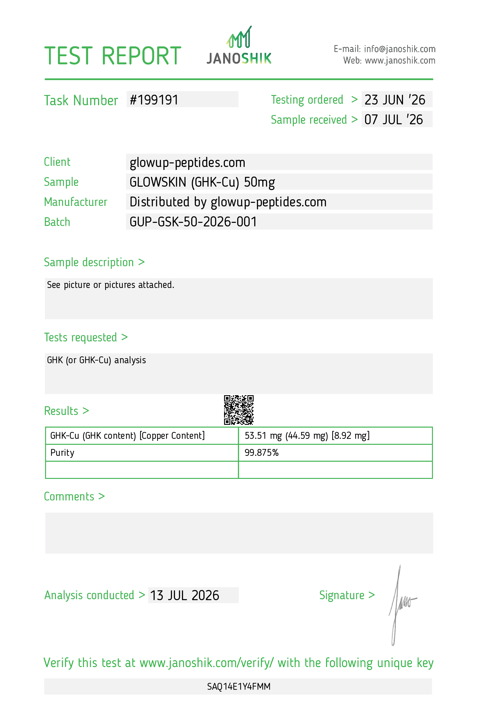 Janoshik lab report — GLOWSKIN (GHK-Cu) 50 mg, batch GUP-GSK-50-2026-001